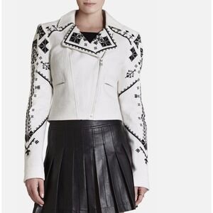 BCBG MAX AZRIA Kade Women Cream Embroidered Moto Jacket Black Geometric M